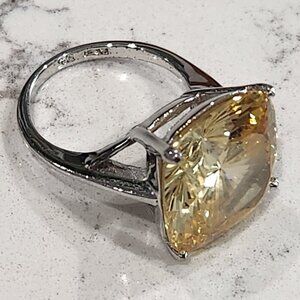 Sterling Silver Large Yellow Cushion-cut Gemstone Ring
